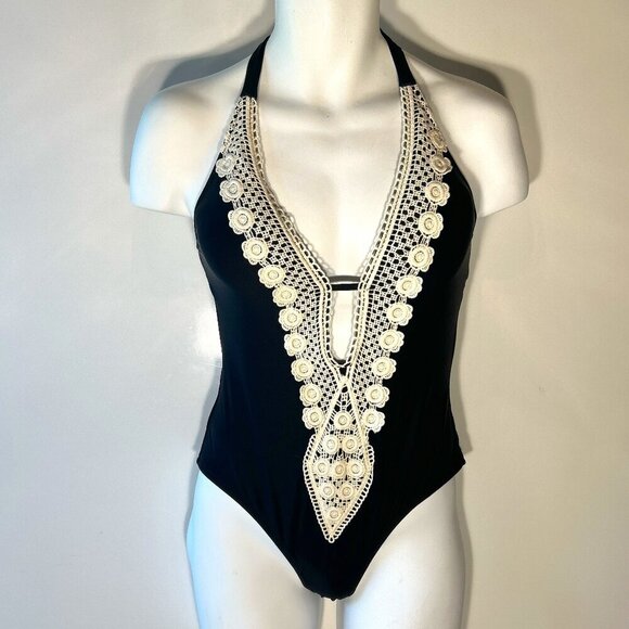 Kona Sol SZ M Crochet Trim Black Halter One Piece Swimsuit Beach Vacation Boho - Picture 6 of 12